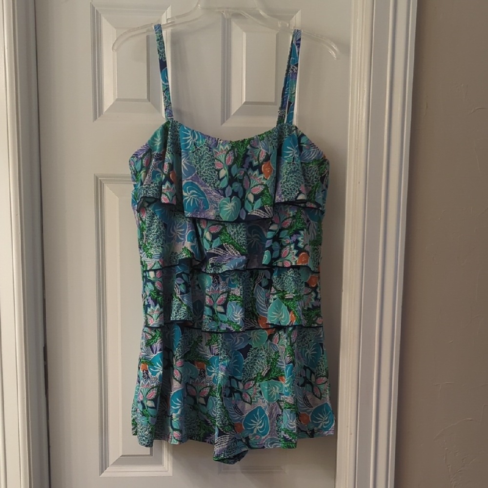 Women's Ruffled One-Piece Swimdress in Teal Floral